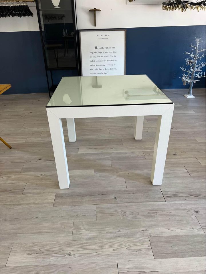 Square White Game Table with Glass Top by Bungalow 5 -- Floor Sample