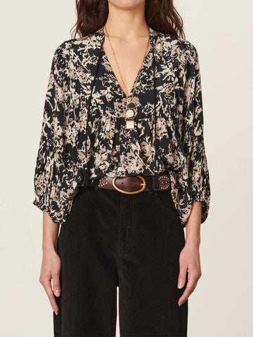 Baltik Blouse in Black with Cream and Tan Graphics By Vanessa Bruno